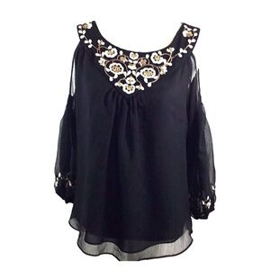 WHBM Cold Shoulder Embroidered Black Top Sz Small